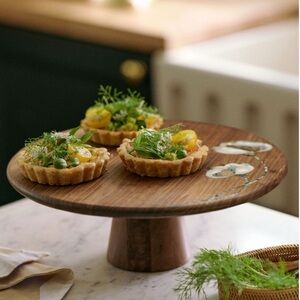 Anthropologie Addie Walnut Wood Cake Stand Mother Of Pearl Floral New